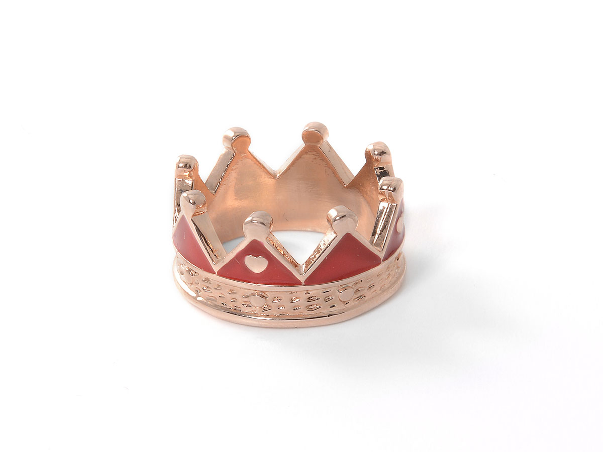 anello in argento color rosa a corona con smalto rosso